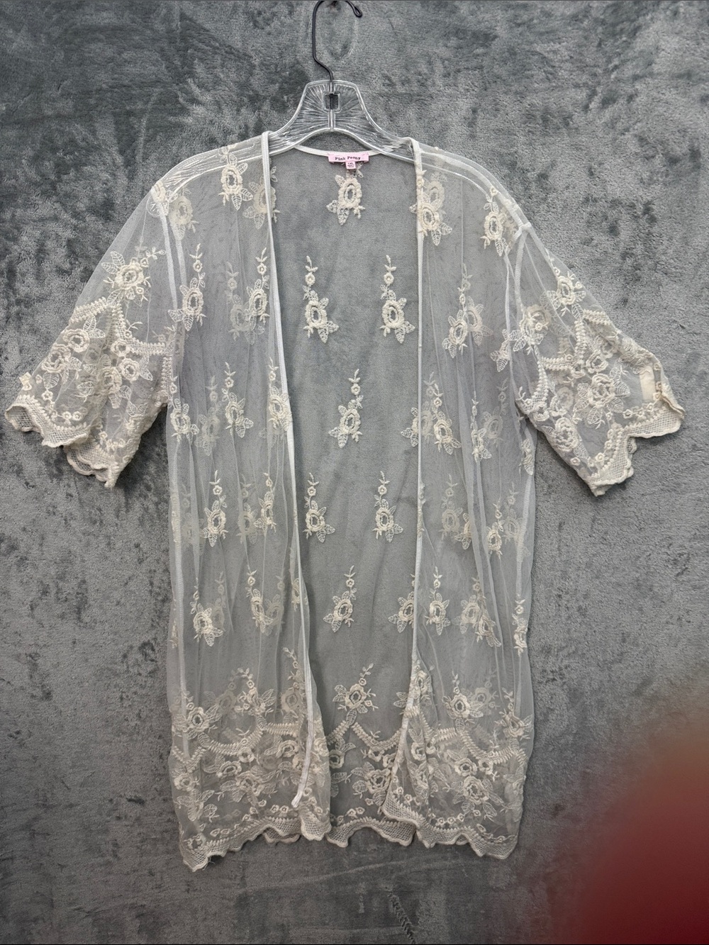 Pink Peony 1X Sheer Lace Kimono Robe Light Ivory Embroidery
